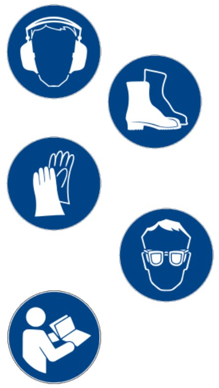 Safety signs: hearing protection, safety shoes, gloves, goggles, operating manual